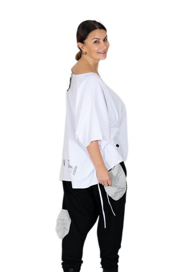 Boat neck, low sleeve laser cut and slit, wide size loose white t-shirt with rope detail - Image 5