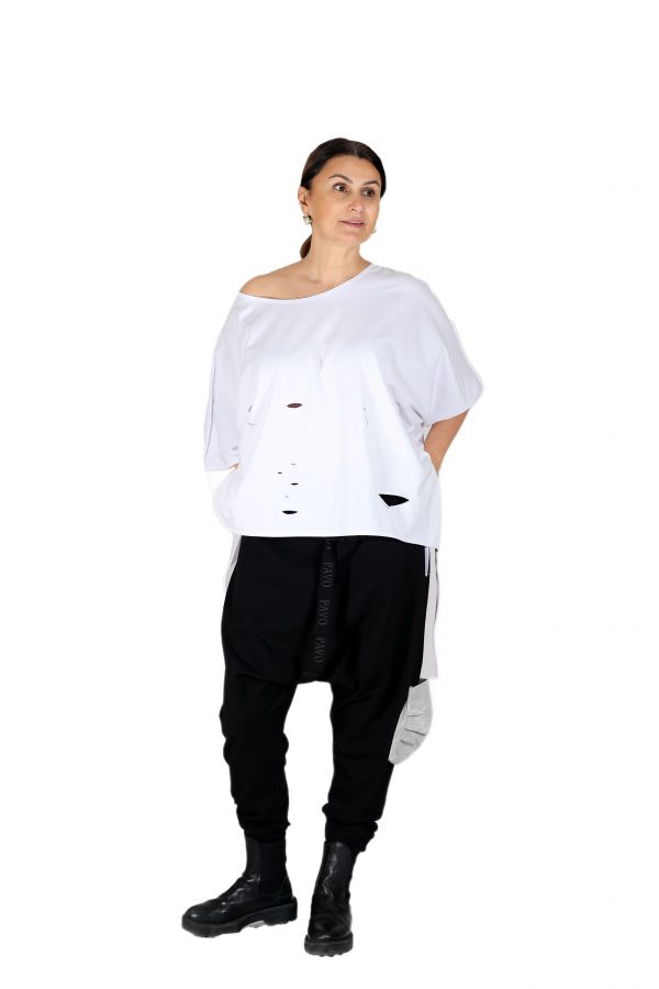 Boat neck, low sleeve laser cut and slit, wide size loose white t-shirt with rope detail - Image 3